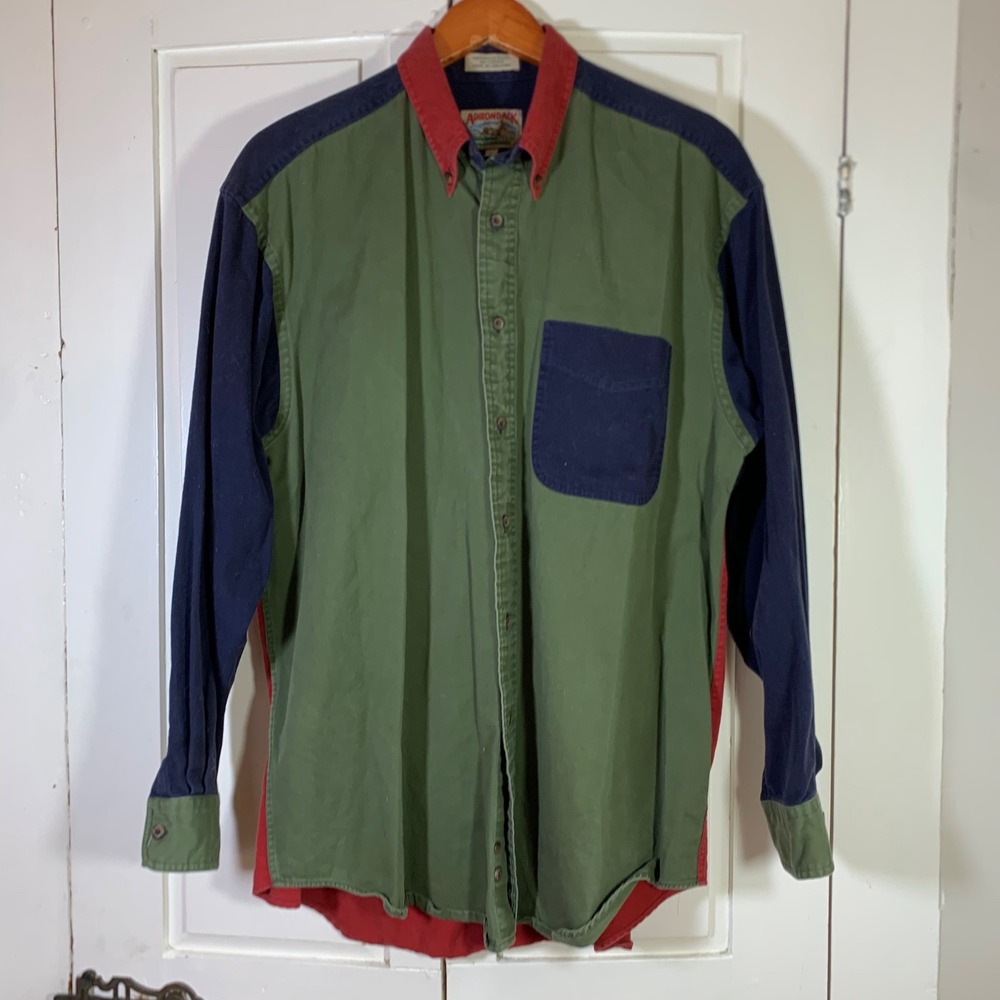 Vintage 90s Adirondack Savile Row Mens L Colorblock Mountain Twill Cotton Shirt